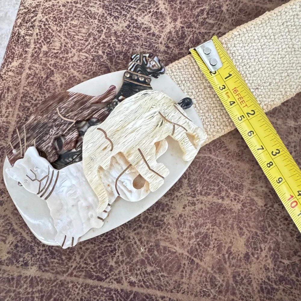 Vintage‎ Resin Animal Carved Rhinestone Eyes Belt Old Elastic Woven Waistband M